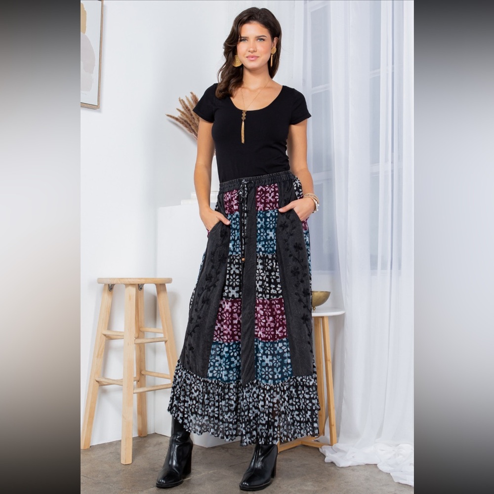 Bohemian Patchwork Maxi Skirt - Black and Multicolor NWOT!